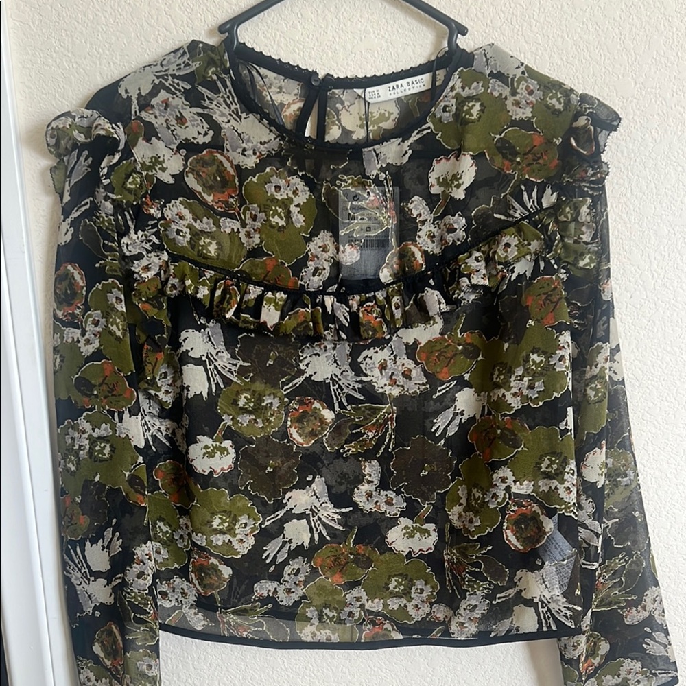 Zara: Floral Sheer Top - Green and Black